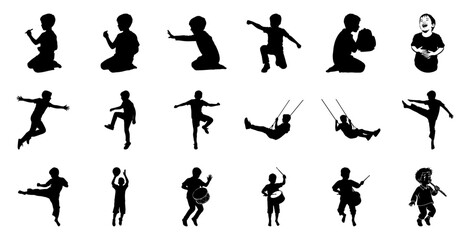 Children playing and dancing silhouettes kicking