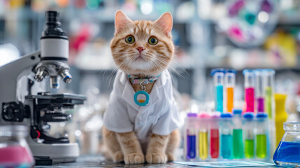 The cute cat wears a white lab coat and sits on a laboratory table surrounded by colorful test tubes and microscopes.
