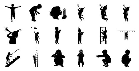 Children playing and celebrating silhouettes birthday