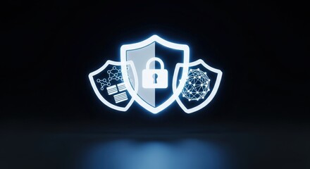 Floating cybersecurity shield icons with data lock and network mesh, glowing holographic blue-white light, solid black background, D futuristic protection interface, tech-grade lighting reflection