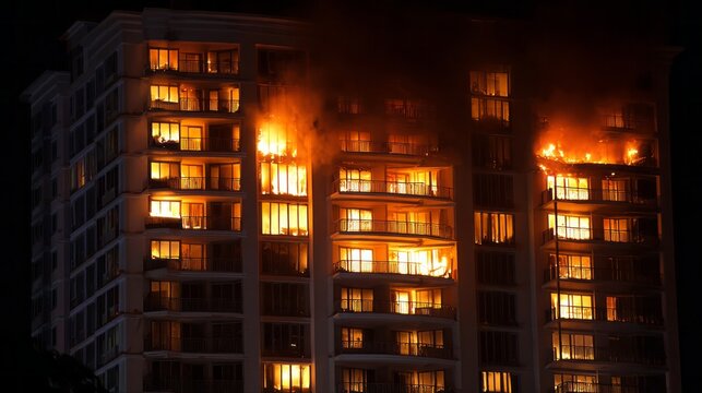 A building is on fire with the windows lit up