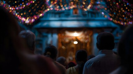 Fototapeta premium People gathered at a brightly lit temple entrance during a festive occasion