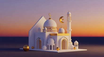 Beautiful sunset mosque silhouette with golden crescent and modern geometric design perfect for ramadan and middle eastern architectural themes