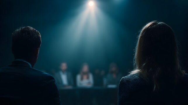 Presenter facing a panel of judges under a spotlight creating a tense and dramatic atmosphere during a formal business presentation