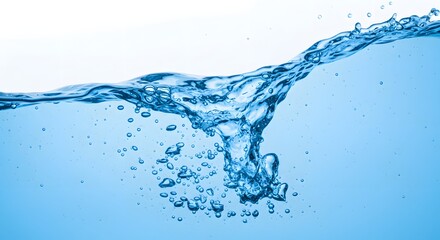 Blue water surface, flowing, with bubbles. Clear and refreshing