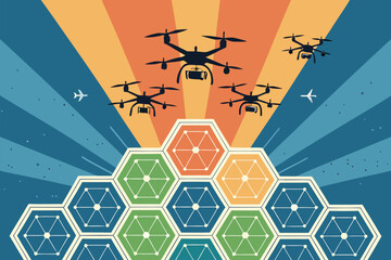 Drones and aircraft fly over a futuristic hexagonal grid.