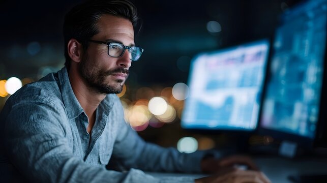 A focused man wearing glasses works late at night on dual computer monitors displaying financial data and charts