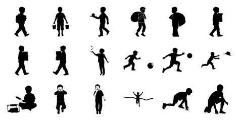Children silhouettes diverse activities boys walking