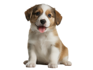 Puppy isolated, little dog, happy smiling pet puppy sitting on the ground looking front, cute puppy portrait, isolated on a transparent background, professional pet photography