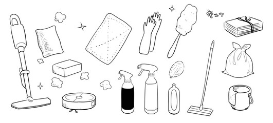 家庭の掃除道具セットのイラスト（黒線画）｜掃除機,モップ,スポンジ,洗剤,ゴム手袋,ごみ袋,ブラシ,スプレー,ロボット掃除機,バケツ,大掃除,大晦日 © zeroshiki