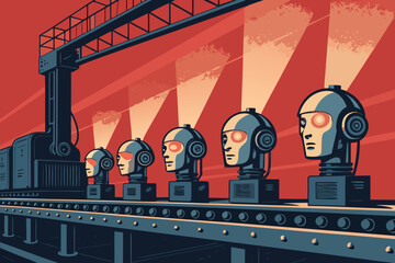 Robots on a conveyor belt being illuminated by lights in a factory.