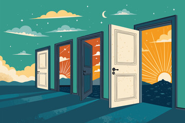 Multiple open doors reveal different sunrise sky landscapes.