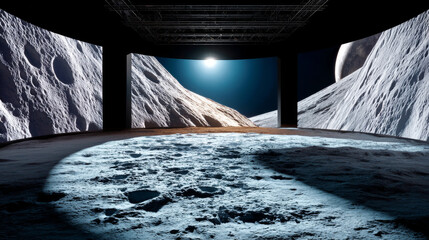 A large, curved screen displaying a detailed image of the moon's surface and craters with sunlight reflecting off its rocky terrain