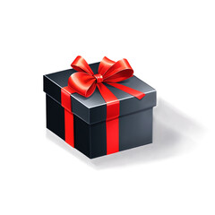 Obraz premium A stylish black gift box tied with a vibrant red ribbon and bow, presented on a clean background, symbolizing elegance and special occasions