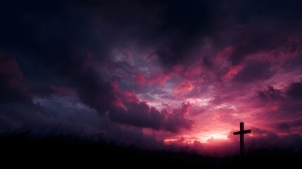 A cross silhouette stands against a dramatic sunset sky with vibrant pink and purple clouds symbolizing hope and faith