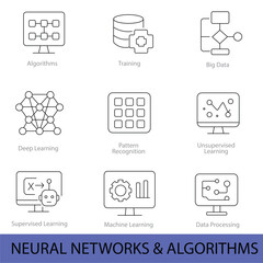 Neural Networks and Algorithms Line Icons — Deep Learning, Data Processing, and Machine Learning Vector Set  | Vector Set in AI, EPS, SVG | Designed in Adobe Illustrator