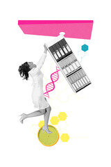 Vertical creative image collage young doctor falling surreal concept folder shelf dna medical examination drawing background