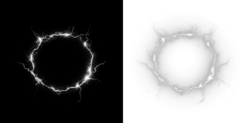 Electric lightning circle overlay illustration on contrasting black and white backgrounds, showcasing dynamic energy and visual impact for creative design projects