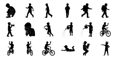 Children silhouettes various activities boys playing
