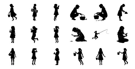 Children silhouettes various activities girls playing