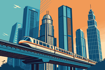 Futuristic monorail speeds through a stylized city skyline at dusk.
