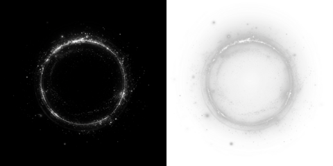 Abstract circular png overlay with sparkling particles on black and white backgrounds, creating a mystical atmosphere for design projects and creative compositions