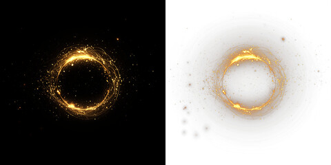 Golden sparkles create a mesmerizing circular overlay on contrasting black and white backgrounds, enhancing visual appeal for creative projects and digital designs