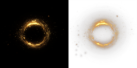 Golden sparkles create a mesmerizing circular overlay on contrasting black and white backgrounds, enhancing visual appeal for creative projects and digital designs