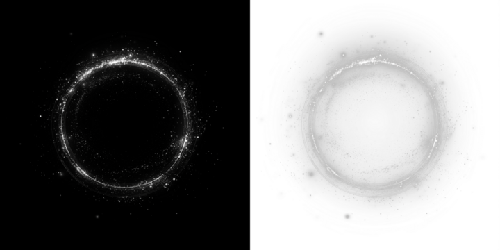 Abstract circular png overlay with sparkling particles on black and white backgrounds, creating a mystical atmosphere for design projects and creative compositions - Powered by Adobe