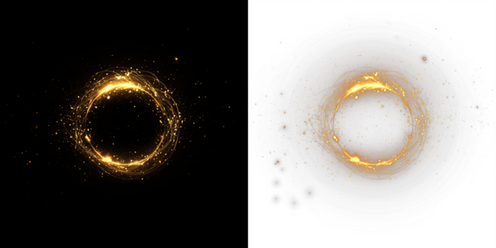Golden sparkles create a mesmerizing circular overlay on contrasting black and white backgrounds, enhancing visual appeal for creative projects and digital designs