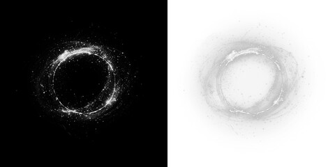 Abstract circular light overlay with sparkling effects on contrasting black and white backgrounds, creating a mystical and ethereal atmosphere for creative design projects