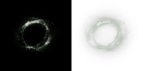 Abstract circular light overlay with sparkling particles on contrasting black and white backgrounds, creating a mystical and ethereal visual effect for creative projects
