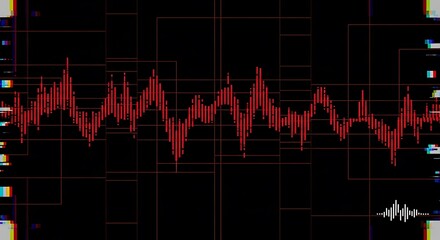 Red audio waveform on a black background with glitch effects and digital elements
