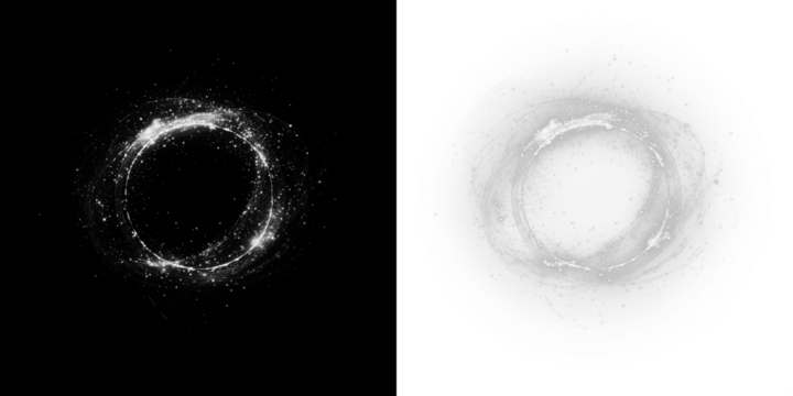 Abstract circular light overlay with sparkling effects on contrasting black and white backgrounds, creating a mystical and ethereal atmosphere for creative design projects