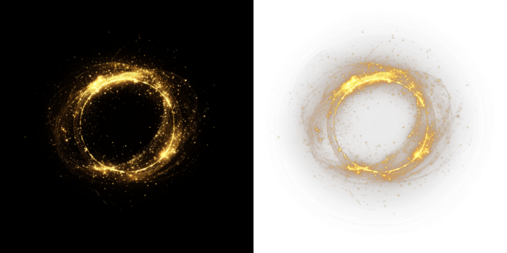 Golden sparkles create a mesmerizing circular overlay on contrasting black and white backgrounds, enhancing visual appeal for creative projects and design applications
