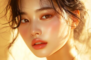 Close-up portrait of a confident Asian girl with bright blush on her cheeks