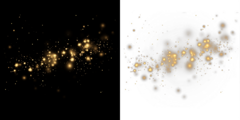 Golden sparkles overlay on contrasting black and white backgrounds, creating a magical atmosphere for design projects, enhancing visual storytelling and creativity
