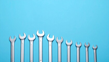 A top-down shot presents a symmetrical array of chrome-finished open-end wrenches arranged on a vibrant, aqua-blue background. The tools are aligned in a descending pattern
