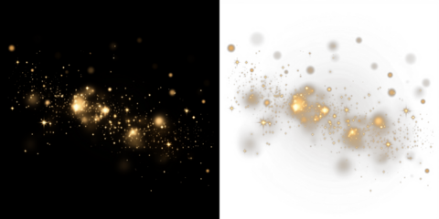 Golden sparkles overlay on contrasting black and white backgrounds, creating a magical atmosphere for design projects, enhancing visual storytelling and creativity