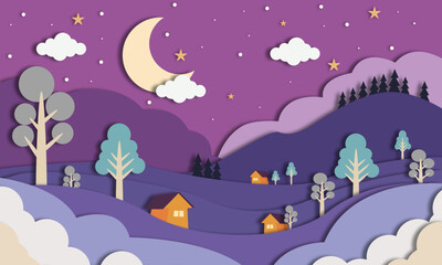 Night Landscape Paper Cut Background with Moon, Stars, and Hills