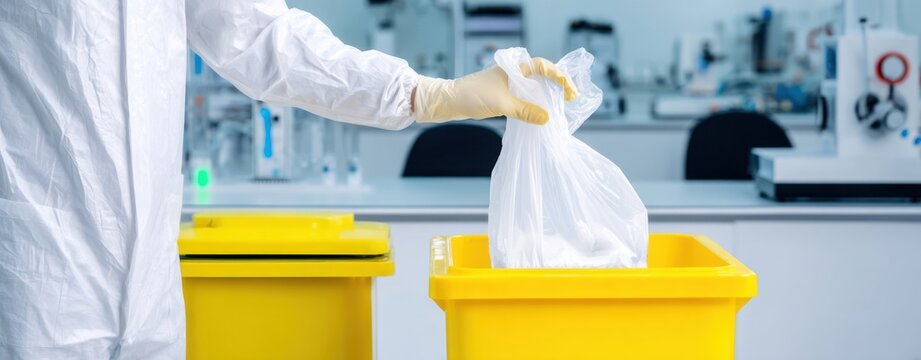 The Yellow Biohazard Waste Bin Being Disposed by Gloved Technician in Laboratory