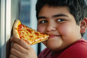 A teenage boy with obesity and bulimia eats greasy pizza