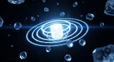 Abstract quantum core concept with glowing energy in deep space surrounded by ice shards and particles