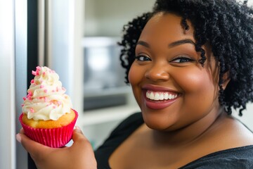 A middle-aged woman with obesity and bulimia enjoys cupcakes with rich cream