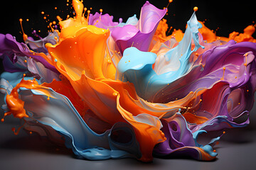 Colorful splashes of paint create dynamic patterns against a dark background showcasing the beauty of motion and creativity