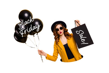Composite artwork sketch image collage of black friday sale promotion discount sell young lady...