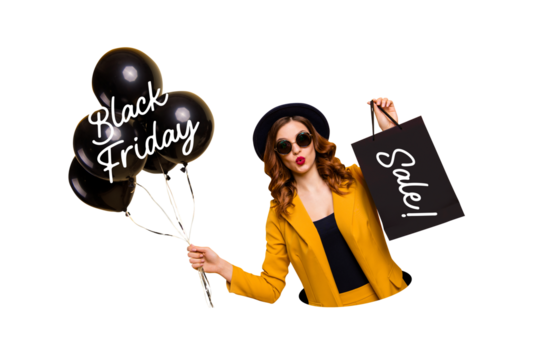 Composite artwork sketch image collage of black friday sale promotion discount sell young lady style suit eyewear hat bag air balloons