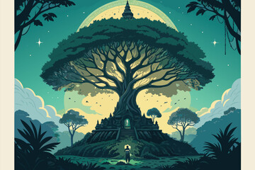 Mystical giant tree with ancient ruins and a lone figure.