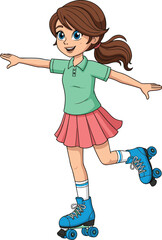 Cute cartoon girl roller skating in blue skates, wearing green shirt and pink skirt, arms out for balance, joyful expression, perfect for kids’ content, sports themes, or active lifestyle designs.