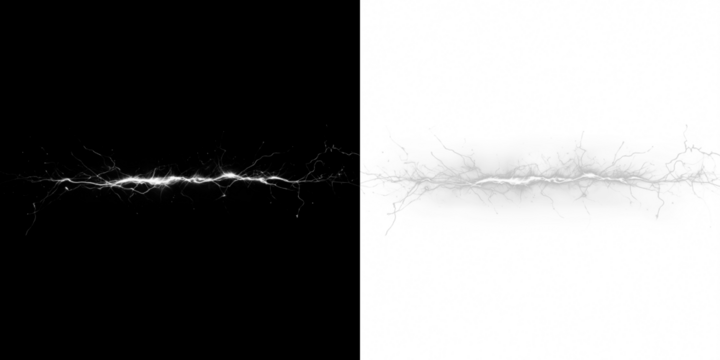 Lightning bolt PNG overlay illustration on contrasting black and white backgrounds, showcasing dynamic energy and visual impact for creative design projects